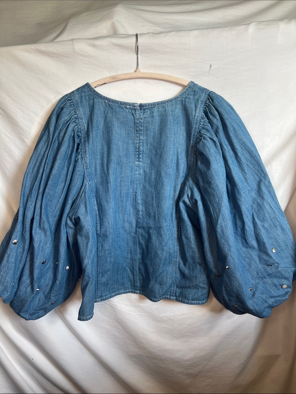 LOFT Light Blue Denim Puff-Sleeve Blouse with Sequin Detail - Picture 7 of 13